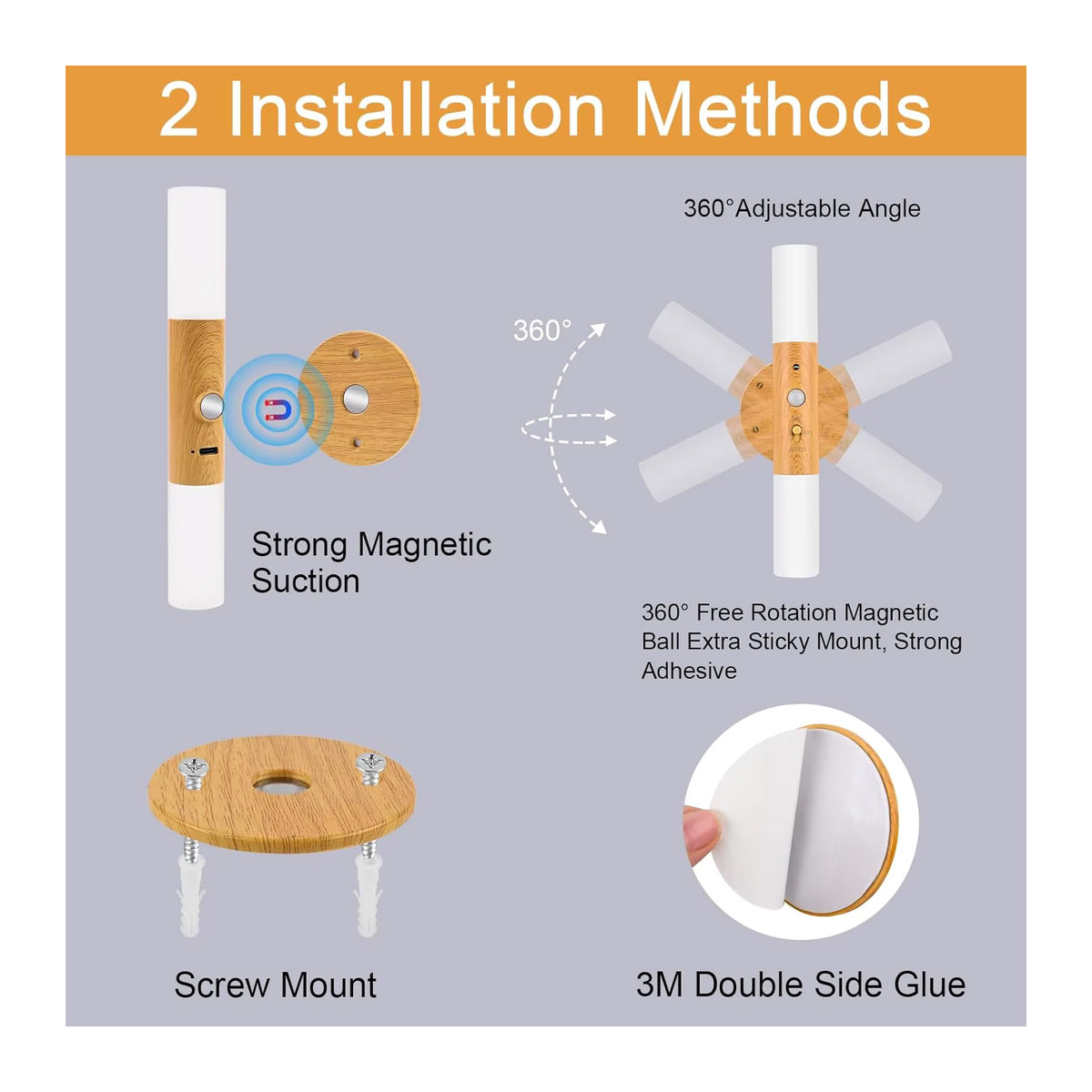 Aiopp LED Wandleuchte im 2er-Pack aus Holz mit Bewegungssensor und USB-Aufladung, Natur/Nussbaum, Skandinavisches Design - Bild 3