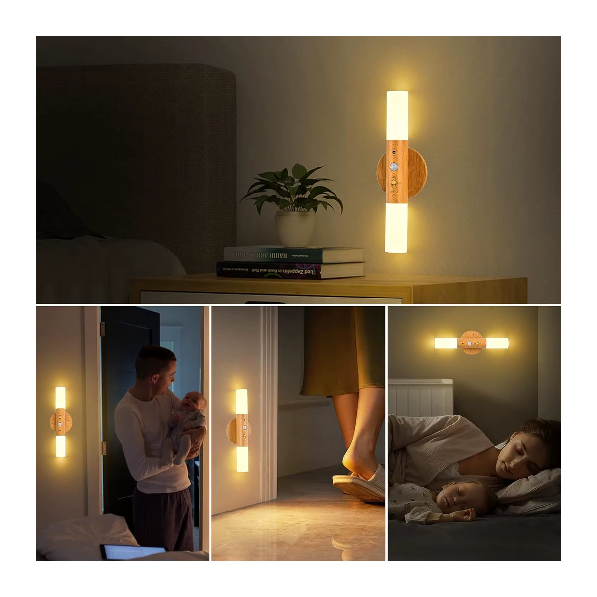 Aiopp LED Wandleuchte im 2er-Pack aus Holz mit Bewegungssensor und USB-Aufladung, Natur/Nussbaum, Skandinavisches Design - Bild 4