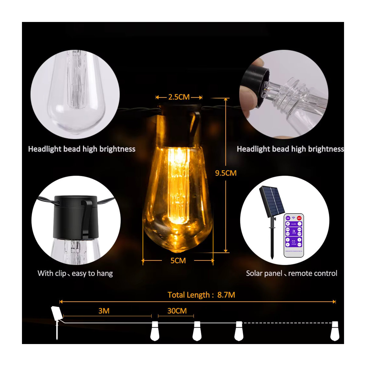 Aiopp Solar LED Lichterkette S14 Retro in Schwarz mit 20 Lampen, 8m Länge, wasserdicht für Garten und Außenbereich - Bild 2