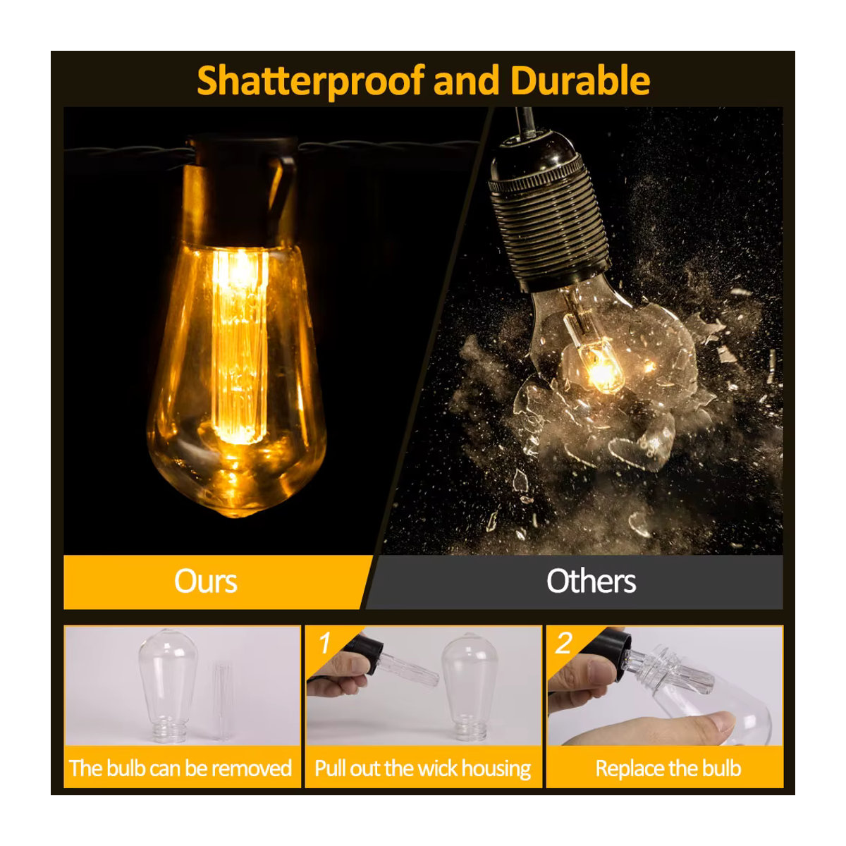 Aiopp Solar LED Lichterkette S14 Retro in Schwarz mit 20 Lampen, 8m Länge, wasserdicht für Garten und Außenbereich - Bild 3