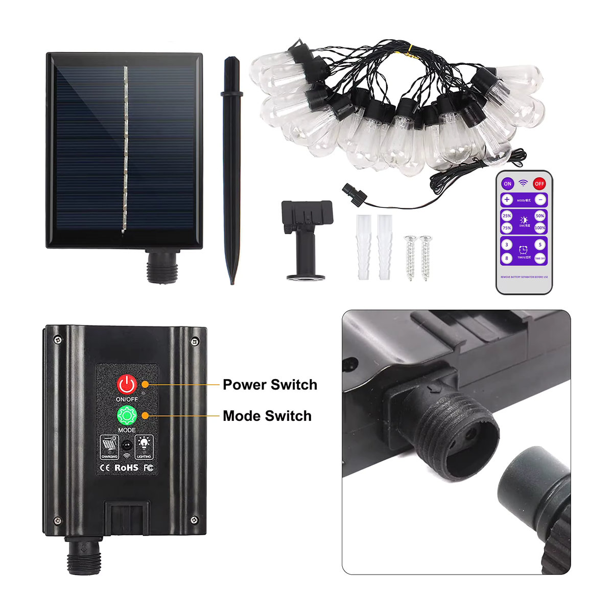 Aiopp Solar LED Lichterkette S14 Retro in Schwarz mit 20 Lampen, 8m Länge, wasserdicht für Garten und Außenbereich - Bild 5
