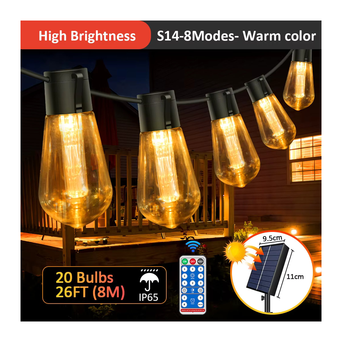 Aiopp Solar LED Lichterkette S14 Retro in Schwarz mit 20 Lampen, 8m Länge, wasserdicht für Garten und Außenbereich - Bild 7
