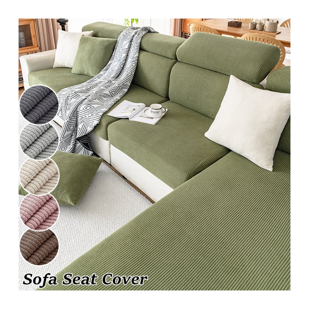 Airldianer Jacquard Sofa-Sitzkissenbezüge in Grün, einfarbig und gestreift, abnehmbare Sofabezüge für dein Wohnzimmer - Bild 1