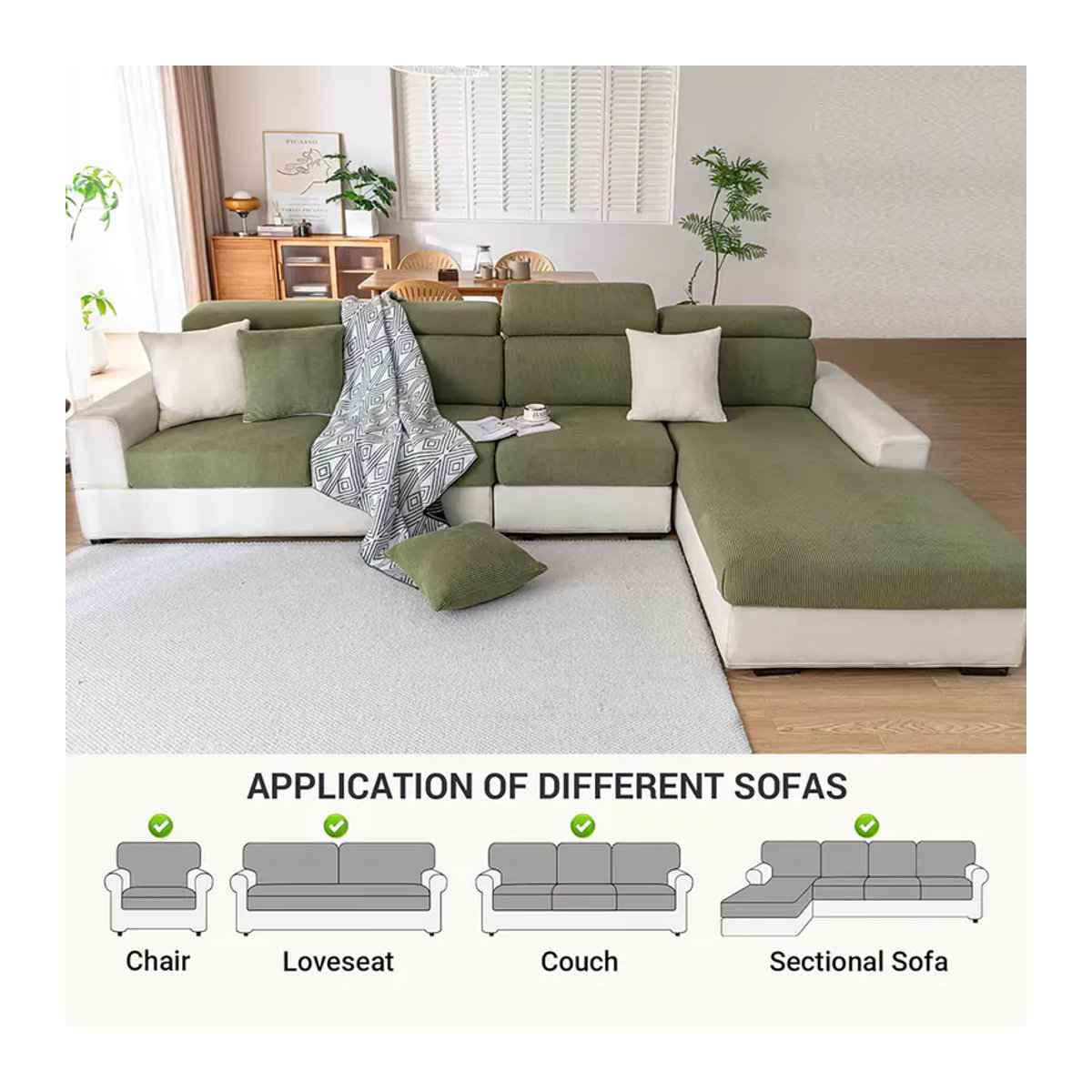 Airldianer Jacquard Sofa-Sitzkissenbezüge in Grün, einfarbig und gestreift, abnehmbare Sofabezüge für dein Wohnzimmer - Bild 4