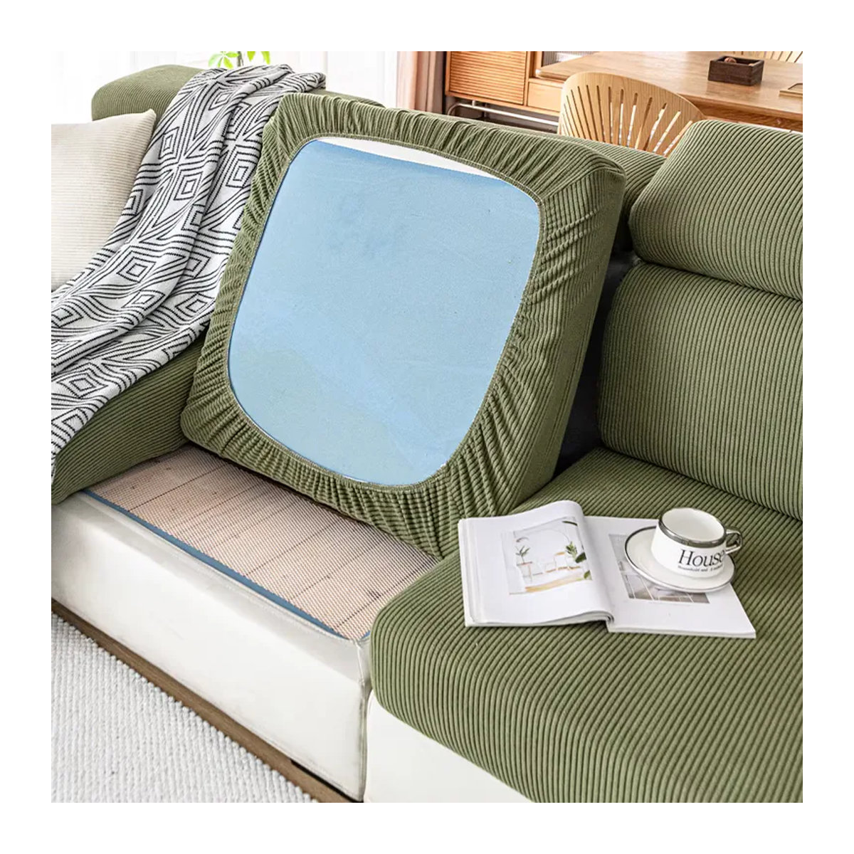 Airldianer Jacquard Sofa-Sitzkissenbezüge in Grün, einfarbig und gestreift, abnehmbare Sofabezüge für dein Wohnzimmer - Bild 5