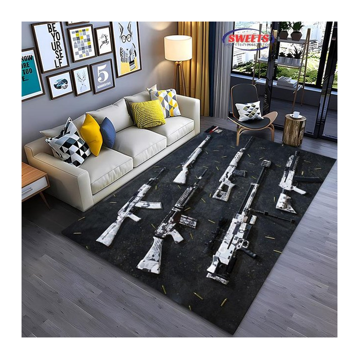 AISILK MOON Pistolen-Themenbereichsteppich mit Sturmgewehr und Revolver Motiv in Schwarz, B/T: 60 x 40 cm - Bild 1