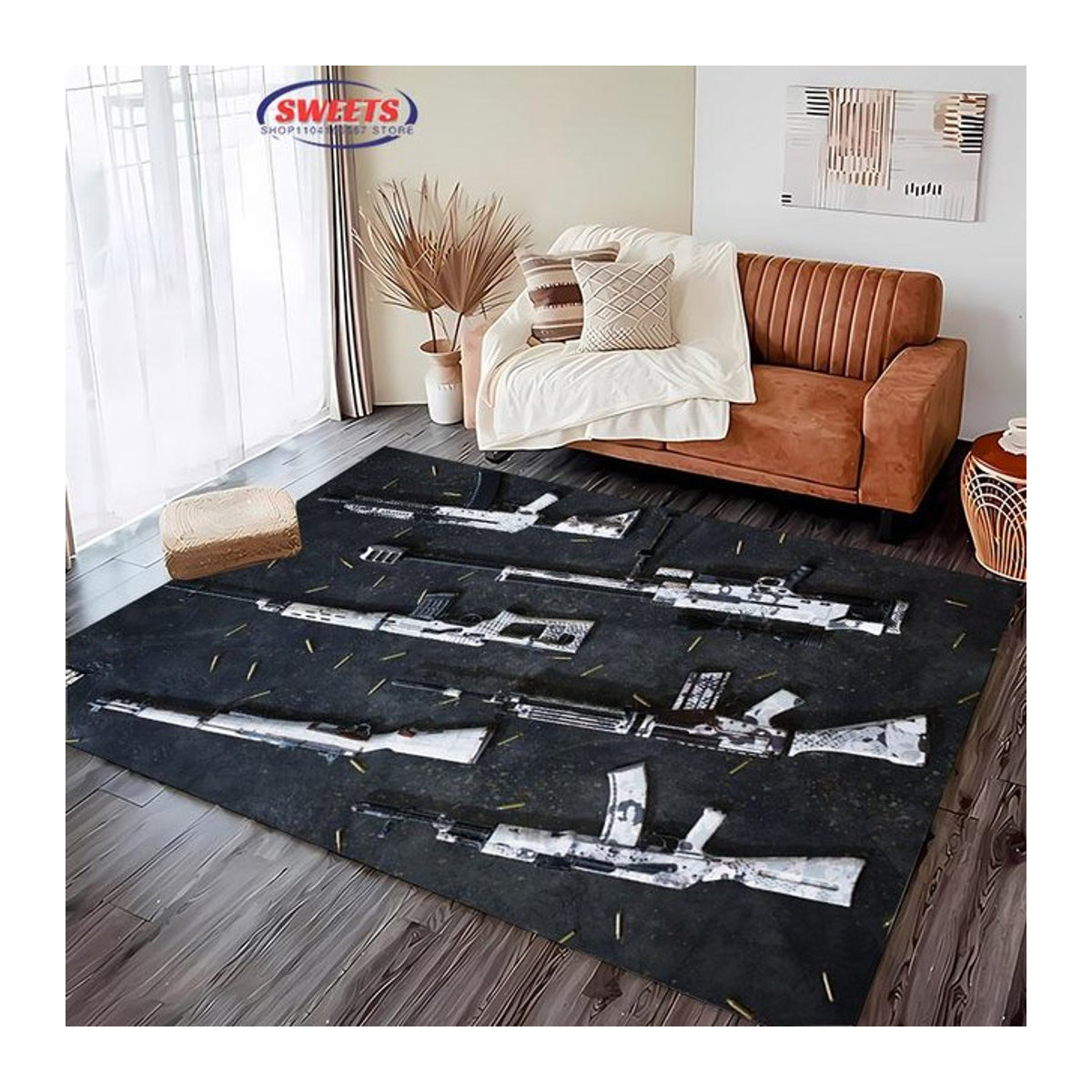 AISILK MOON Teppich mit 3D Sturmgewehr und Pistolen Motiv in Schwarz, rutschfest, B/T: 60 x 40 cm - Bild 1
