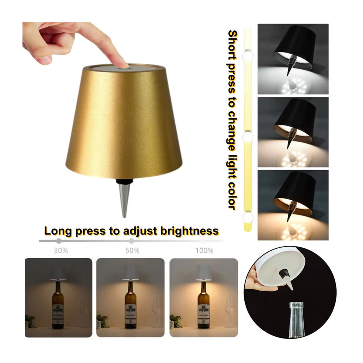 AITHEA Kabellose LED-Weinflaschenleuchte in Gold, Wiederaufladbare Tischlampe mit Touch-Schalter für minimalistische Dekoration - Bild 1