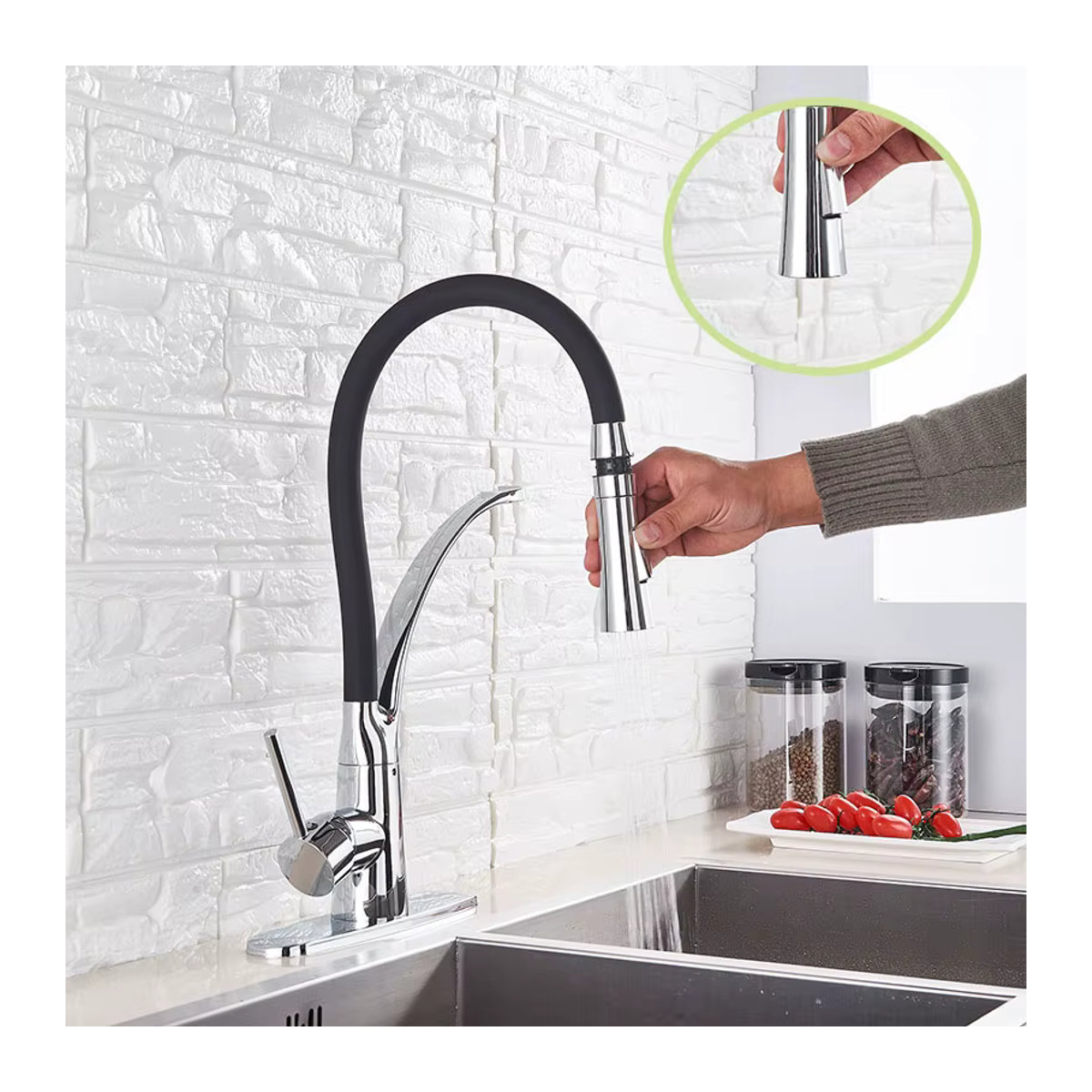 ALENARTWATER Küchenarmatur mit Pull-Down Funktion in Schwarz und Chrom, moderner Warm- und Kaltwasser Mischer für Spüle und Waschbecken - Bild 2