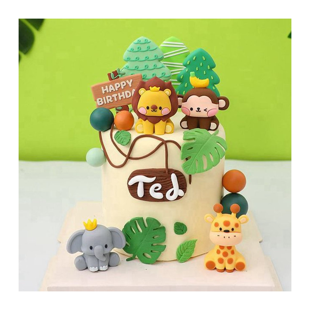Alivparty Dschungel Tier Tortendekoration aus Kunstharz mit Löwe und Elefant in Mehrfarbig für Kindergeburtstage und Babypartys - Bild 1