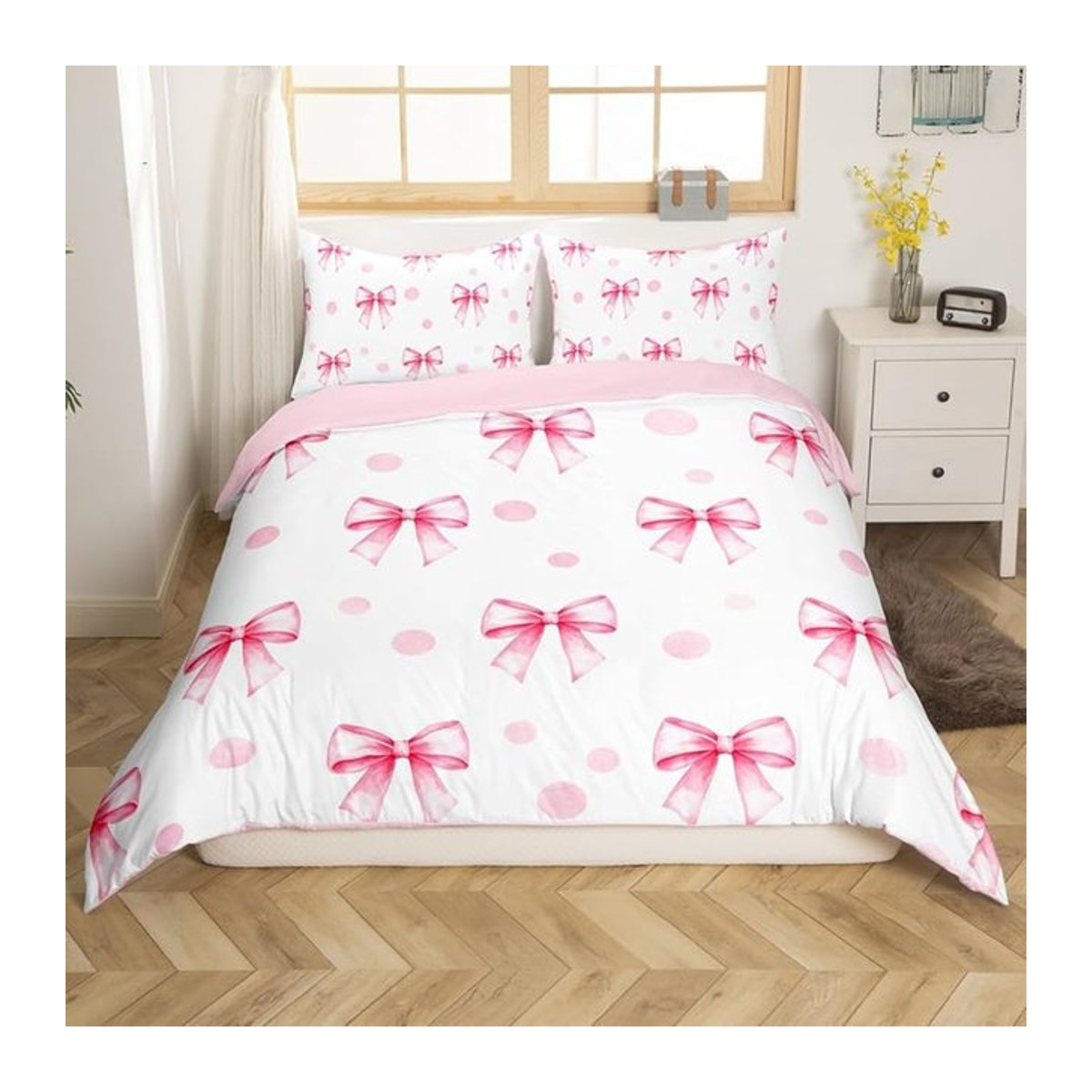 Allbestart Bettwäscheset für Mädchen mit Cartoon Prinzessin und rosa Schleife, rosa und weiß, 3-teilig, Bettdecke 140 x 200 cm und 2 Kissenbezüge mit Reißverschluss - Bild 1