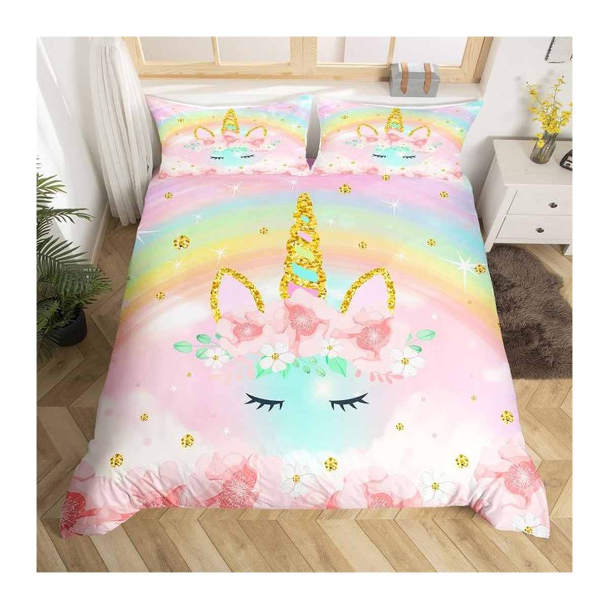 Allbestart Einhorn-Bettbezug-Set mit Cartoon-Galaxie und Regenbogen in Bunt, Polyester mit Reißverschluss, Breite: 260 cm, Länge: 220 cm - Bild 1