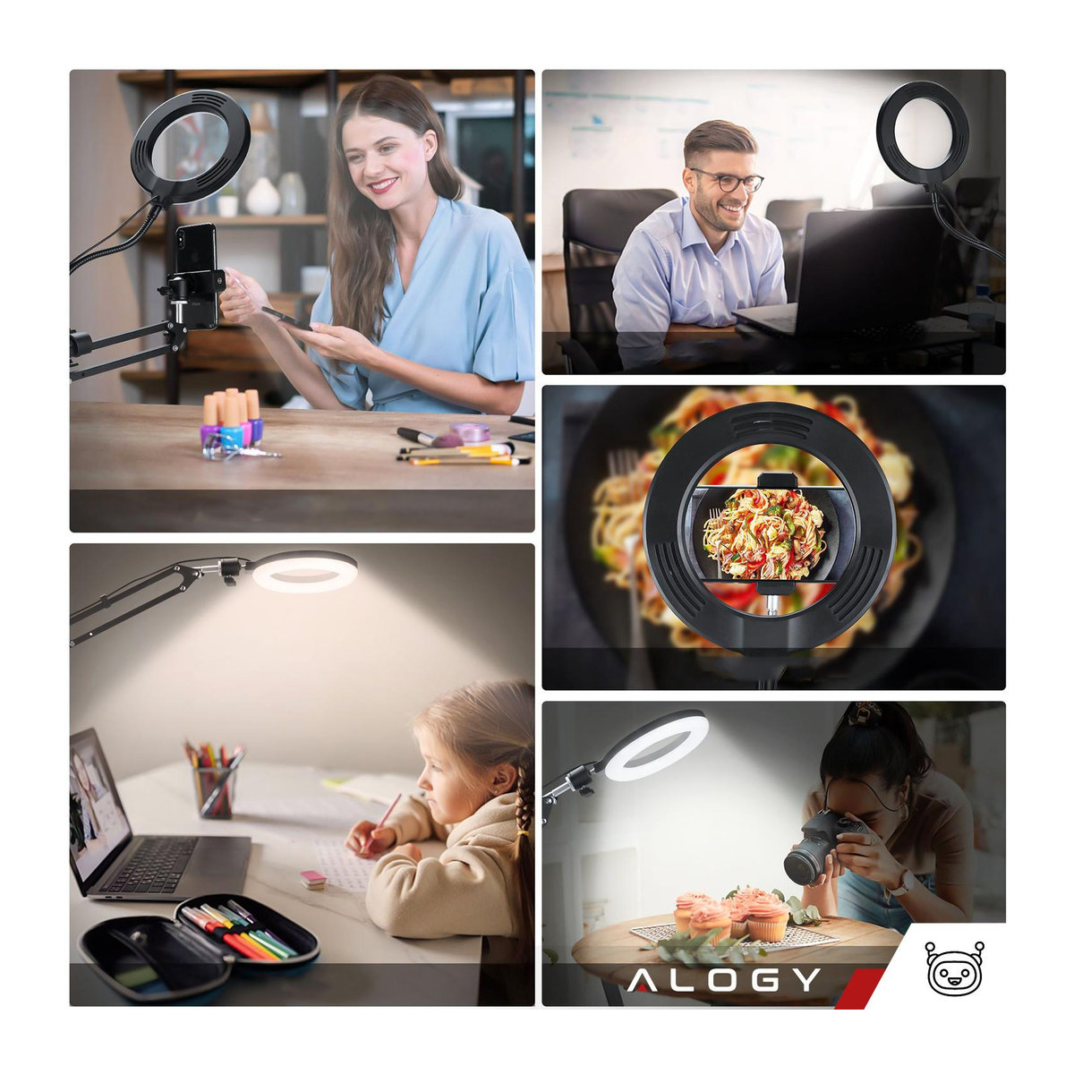 Alogy LED Ringlicht mit flexiblem Arm, Stativ und Handyhalterung, Schwarz - Bild 3