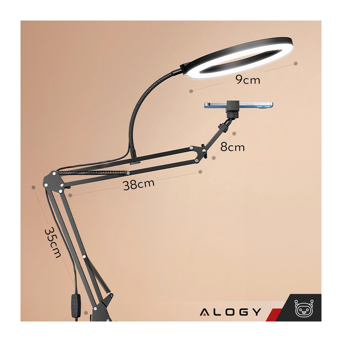 Alogy LED Ringlicht mit flexiblem Arm, Stativ und Handyhalterung, Schwarz - Bild 4