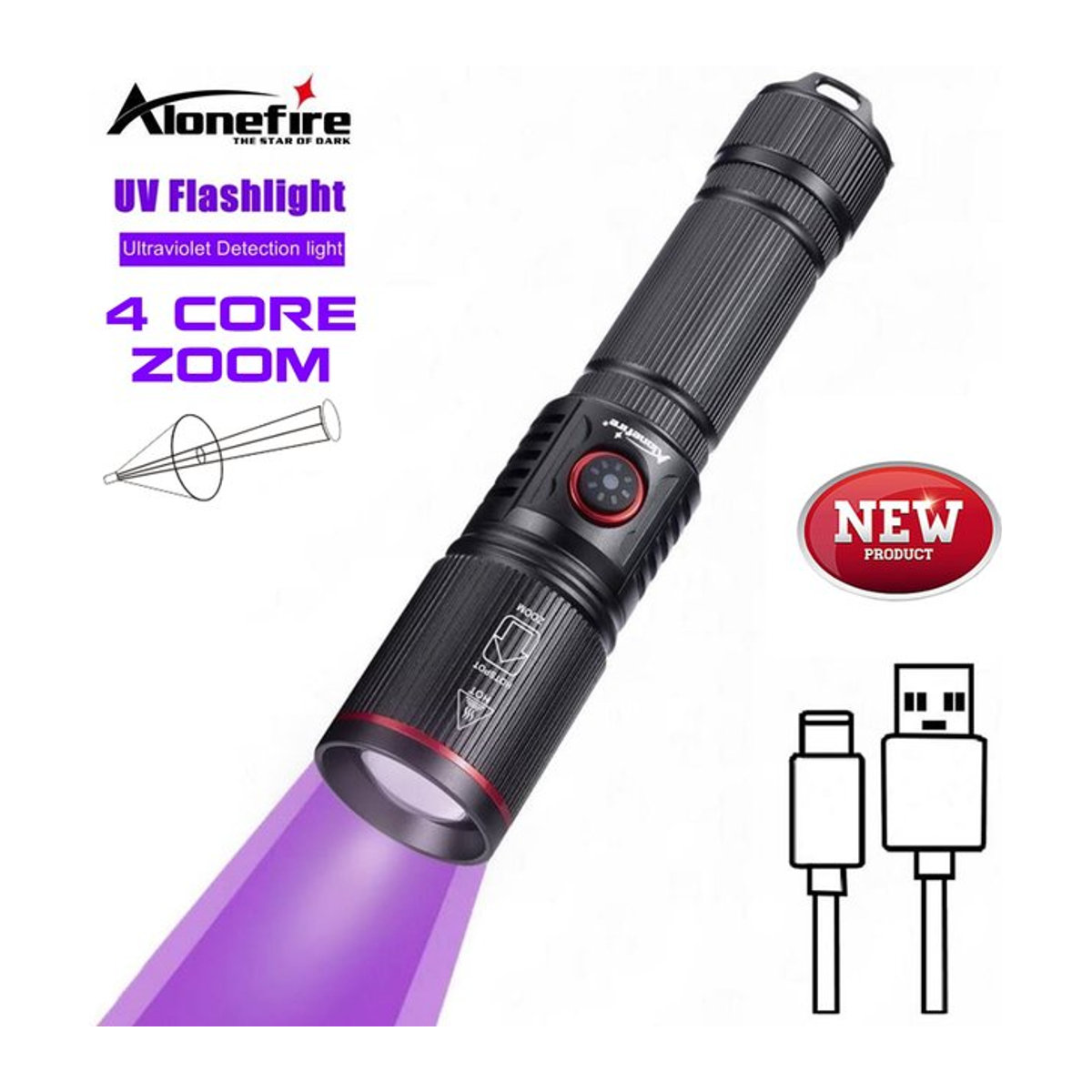 Alonefire Hochleistungs-Zoom-UV-LED-Taschenlampe mit 20 W für 365 nm und 395 nm zur Fluoreszenzprüfung von Geld, Tinte und organischen Stoffen - Bild 1