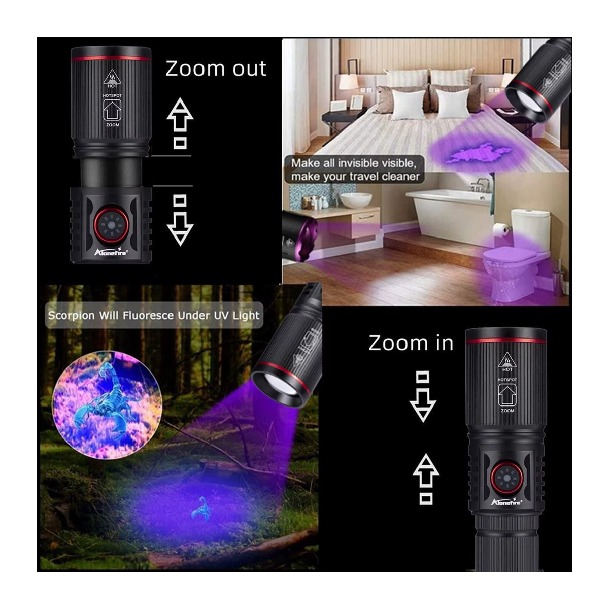 Alonefire Hochleistungs-Zoom-UV-LED-Taschenlampe mit 20 W für 365 nm und 395 nm zur Fluoreszenzprüfung von Geld, Tinte und organischen Stoffen - Bild 2