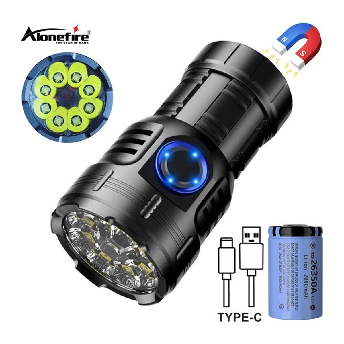 Alonefire LED Taschenlampe mit rotem Blitzlicht, USB aufladbar, magnetisch, für Outdoor, Wandern und Reparaturarbeiten - Bild 1