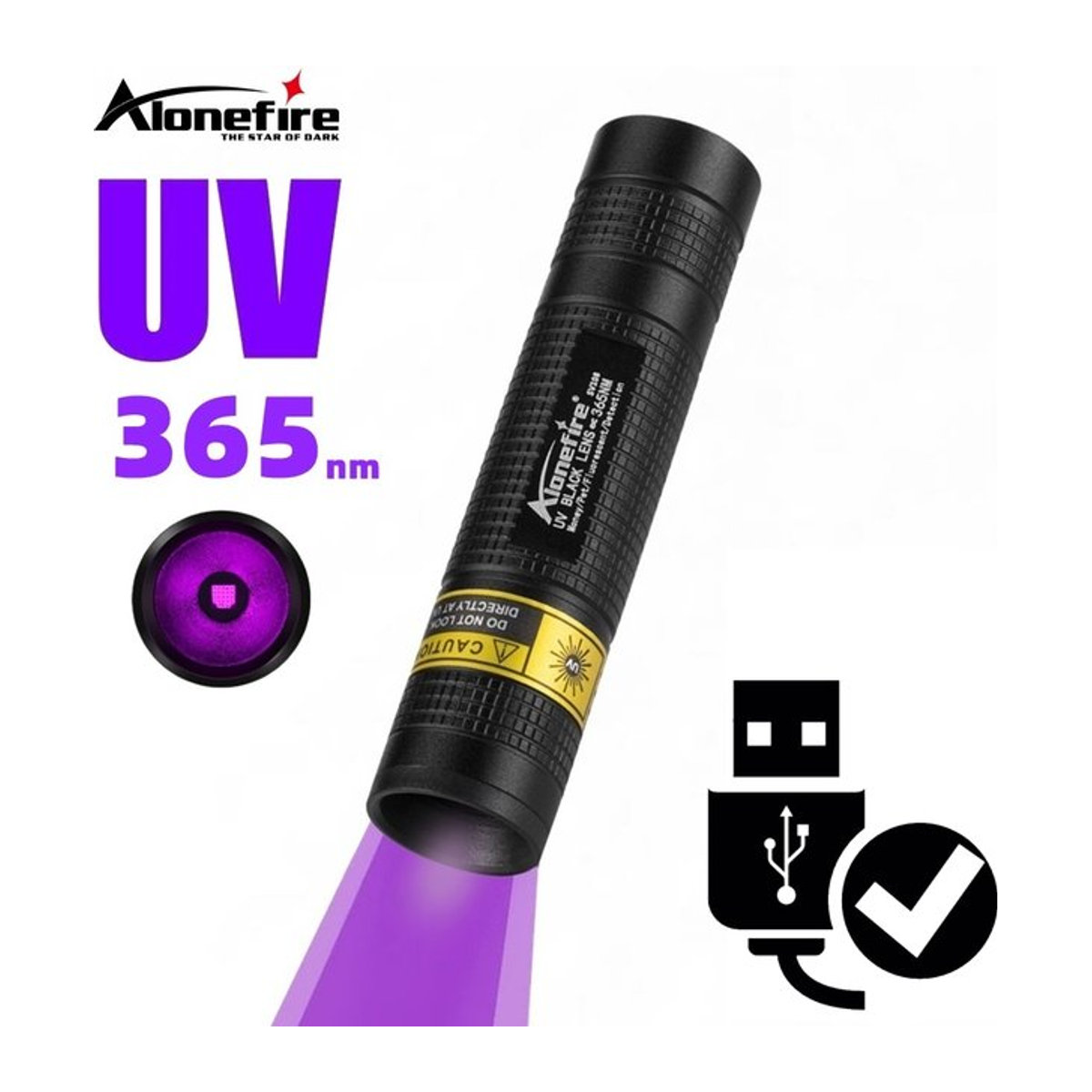 Alonefire Mini UV LED Schwarzlicht Taschenlampe mit USB-Ladefunktion für Nagelpflege, Tierfleck-Erkennung und Geldprüfung, 365nm - Bild 1