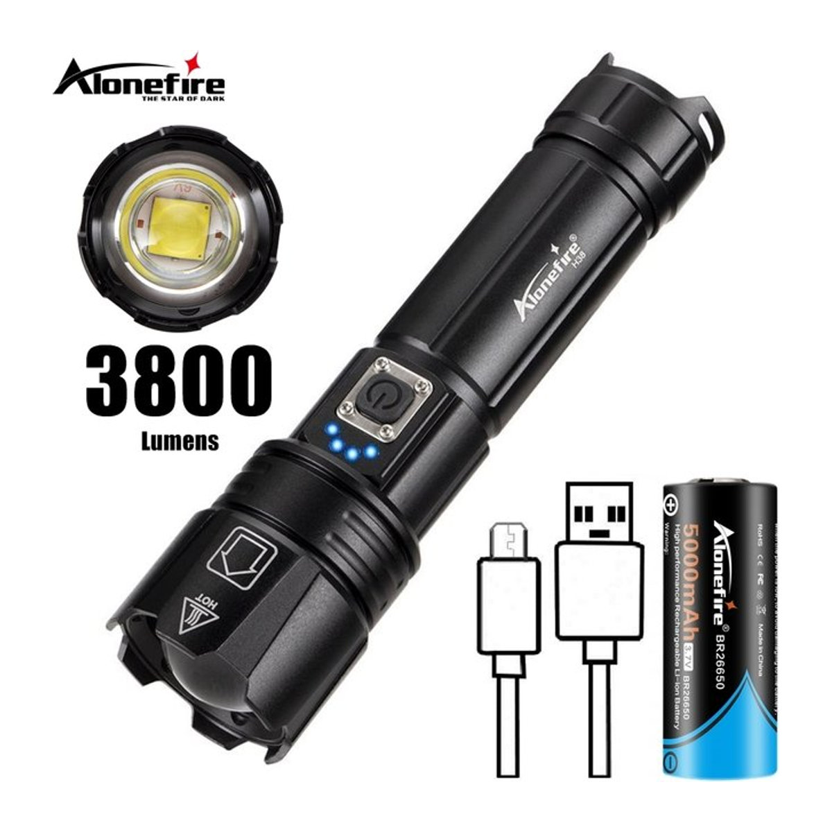 Alonefire Taktische LED Taschenlampe mit 30 W Zoom XHP70, USB wiederaufladbar für Outdoor, Camping und Jagd - Bild 1