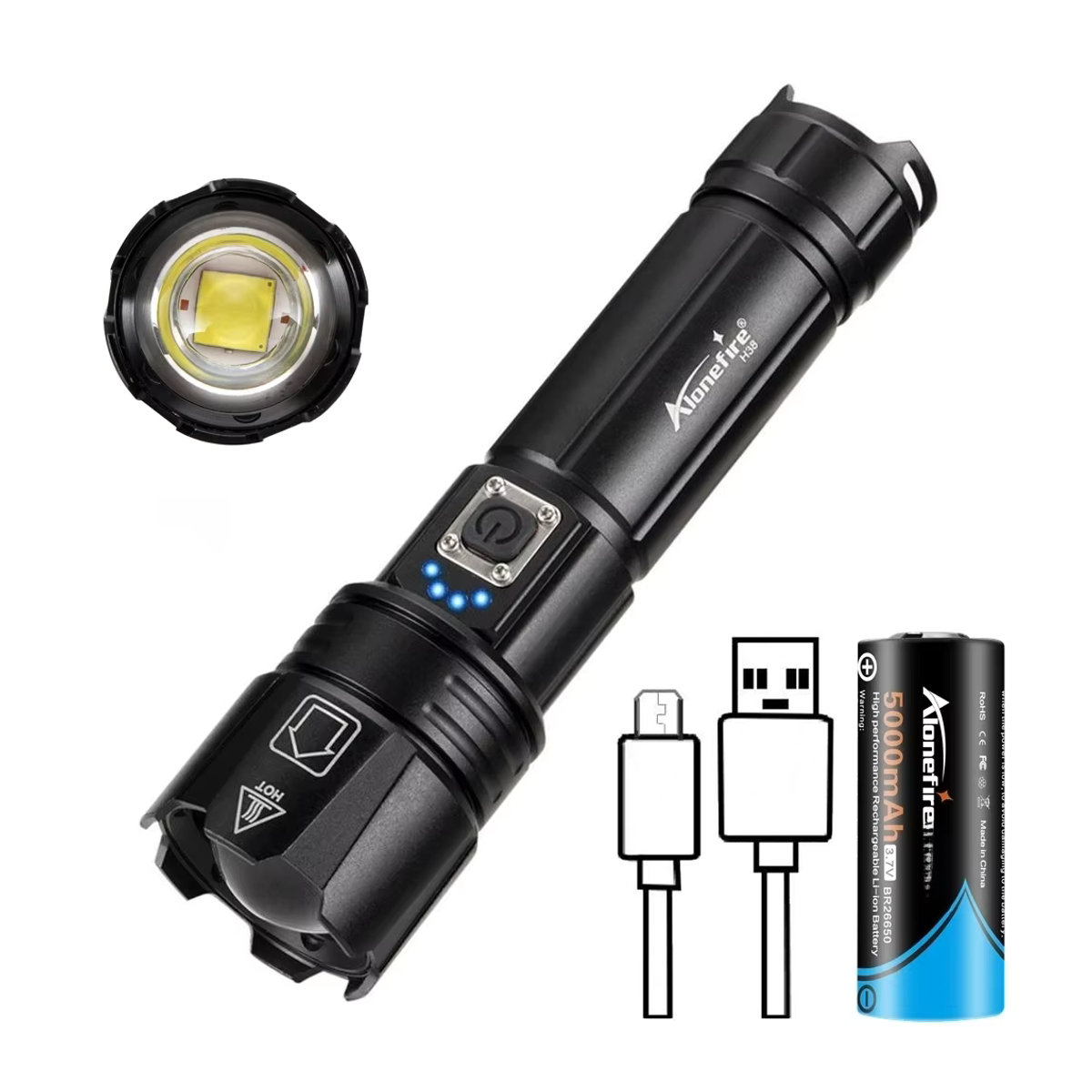 Alonefire Taktische LED Taschenlampe mit 30 W Zoom XHP70, USB wiederaufladbar für Outdoor, Camping und Jagd - Bild 7