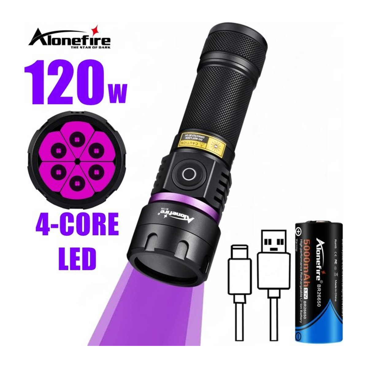 Alonefire UV-LED-Taschenlampe mit 120W und 6x365nm Schwarzlicht in Schwarz zur Detektion von Urinflecken, Tinea und Markierungen - Bild 1