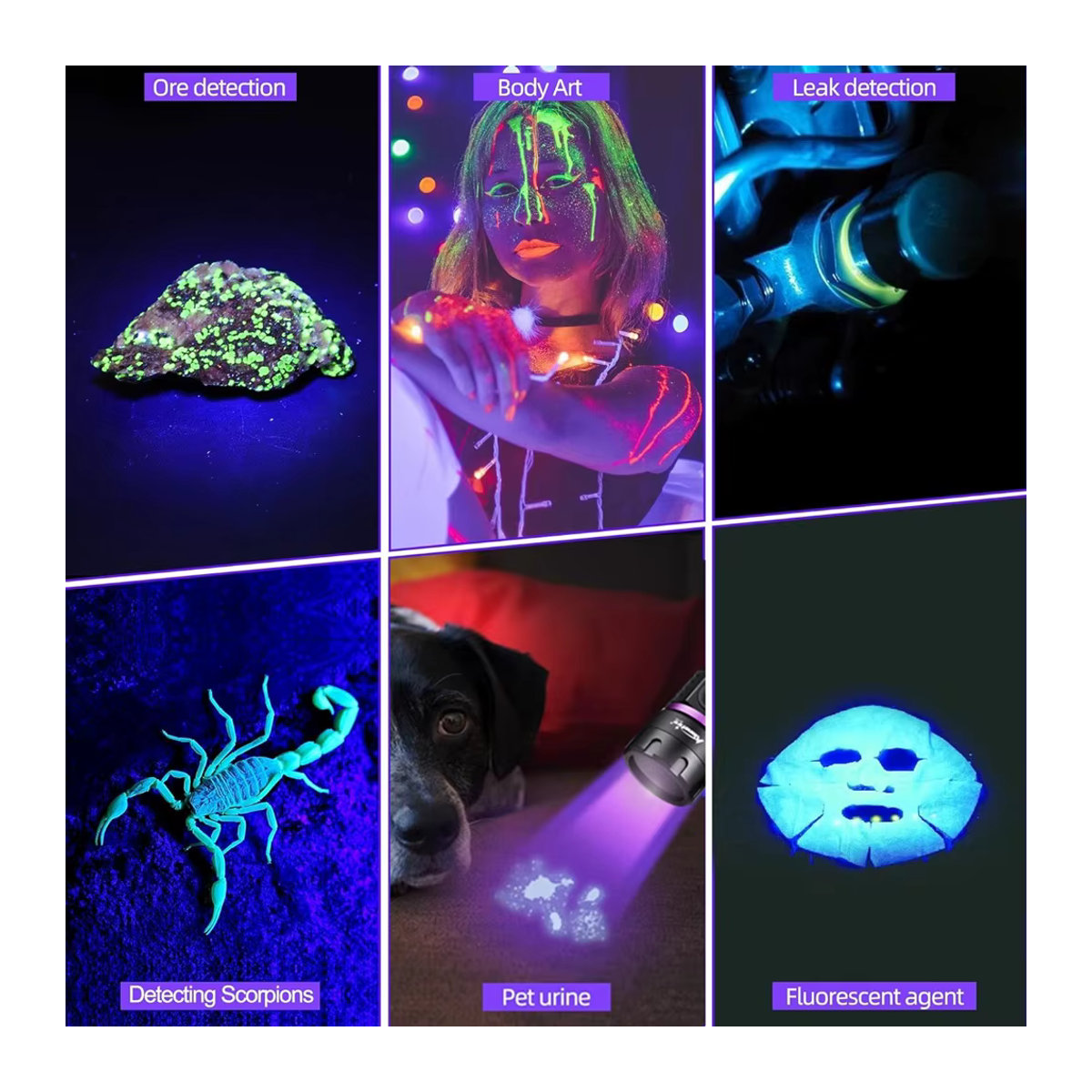 Alonefire UV-LED-Taschenlampe mit 120W und 6x365nm Schwarzlicht in Schwarz zur Detektion von Urinflecken, Tinea und Markierungen - Bild 2