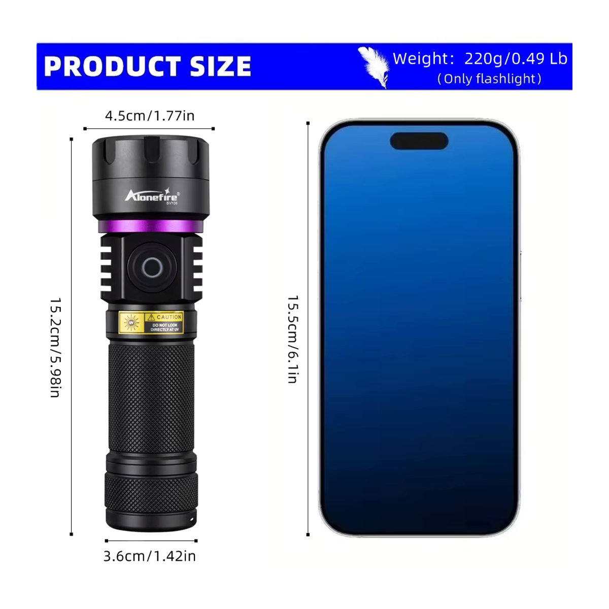 Alonefire UV-LED-Taschenlampe mit 120W und 6x365nm Schwarzlicht in Schwarz zur Detektion von Urinflecken, Tinea und Markierungen - Bild 4