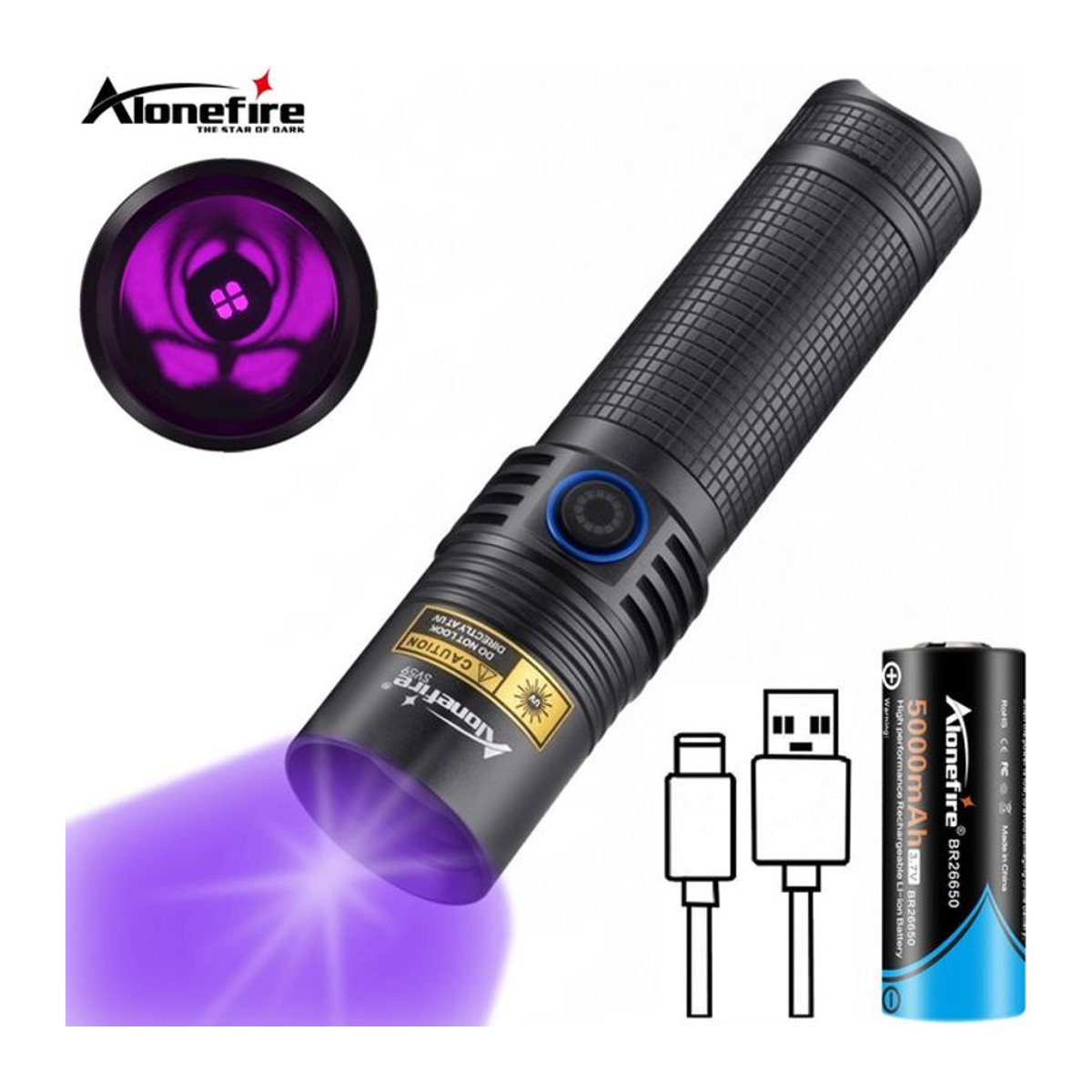 Alonefire UV Taschenlampe 20W 365nm USB wiederaufladbar zur Erkennung von unsichtbarer Tinte und Flecken in Lila - Bild 1