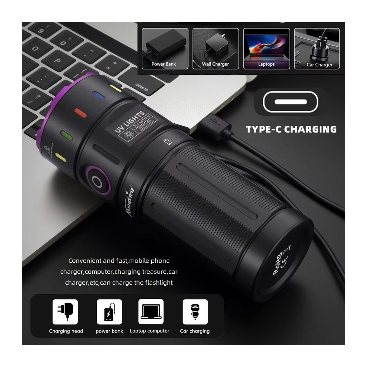 Alonefire UV-Taschenlampe mit 200 W und 10 x 365 nm LED, USB wiederaufladbare Schwarzlicht-Taschenlampe zur Detektion von Urinflecken, Skorpionen, Geld und Leuchtstoffen - Bild 4