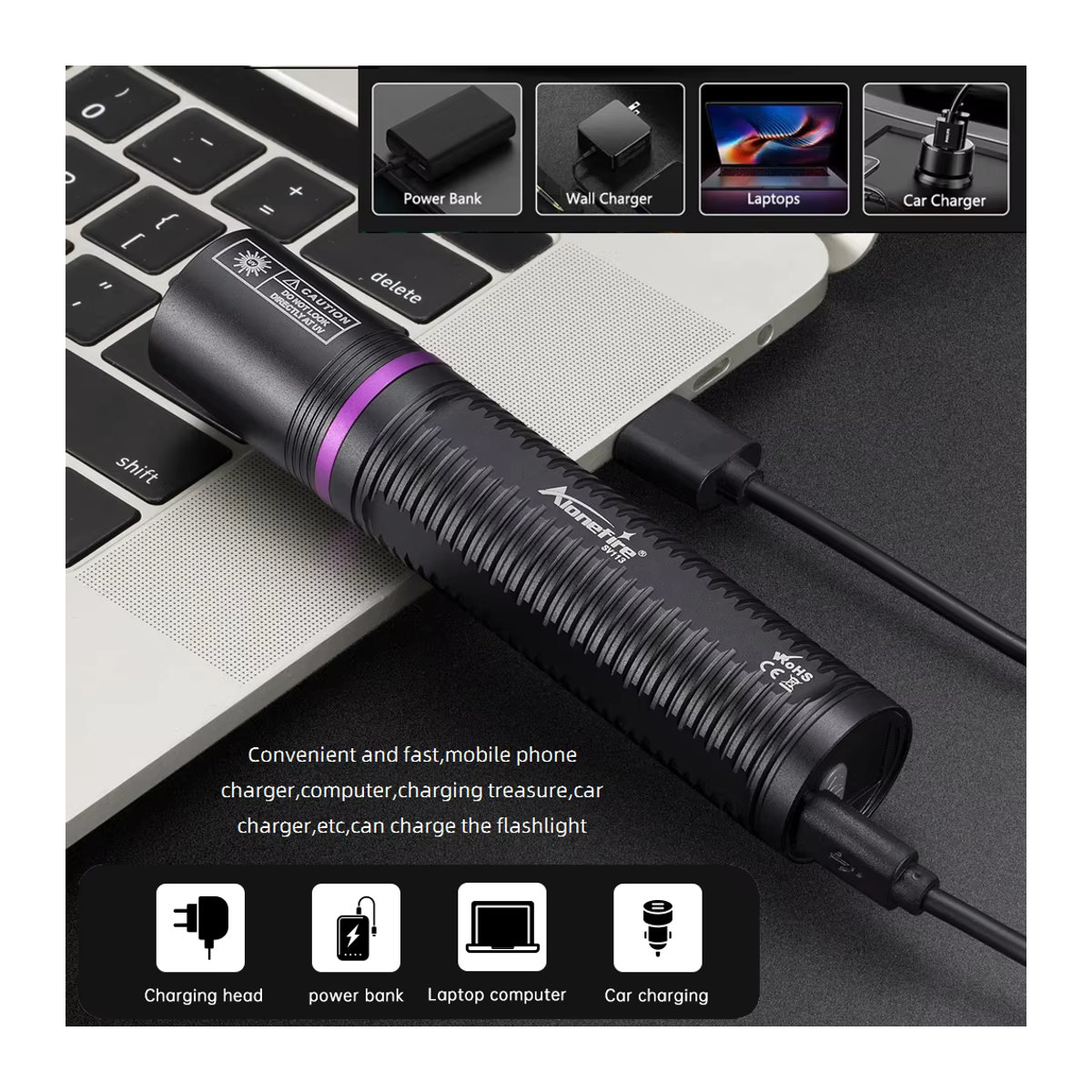 Alonefire UV-Taschenlampe mit 395 nm und 365 nm für UV-Licht Detektion von Urinflecken, Mineralien und Skorpionen via USB-Ladefunktion - Bild 4