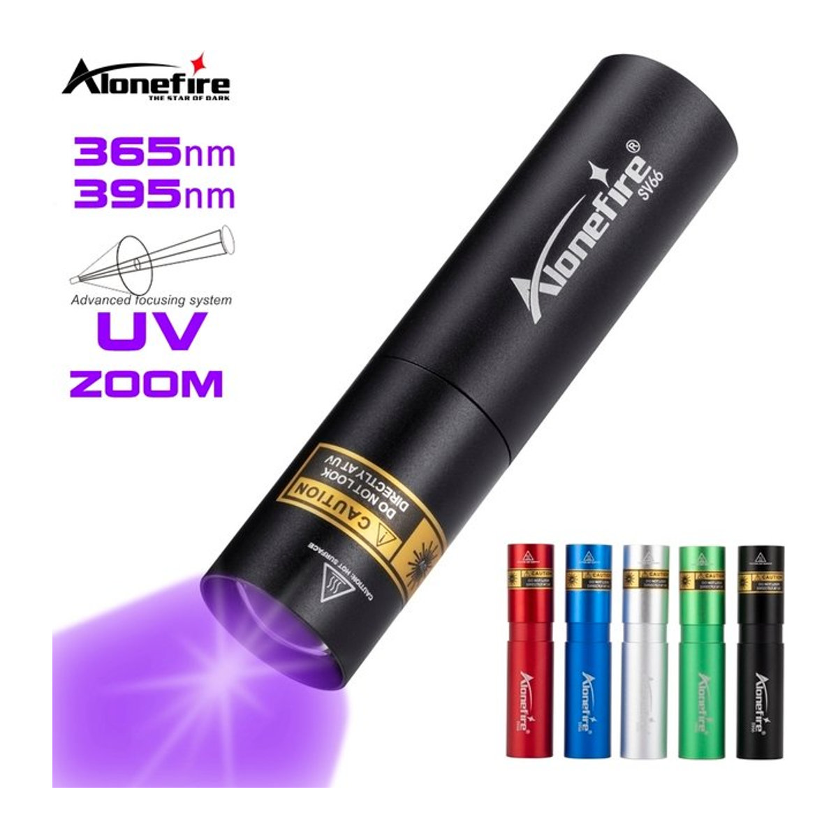 Alonefire UV Taschenlampe mit Zoom 3W 395/365nm USB aufladbar zur Detektion von Urin, Skorpionen und unsichtbarer Tinte - Bild 1