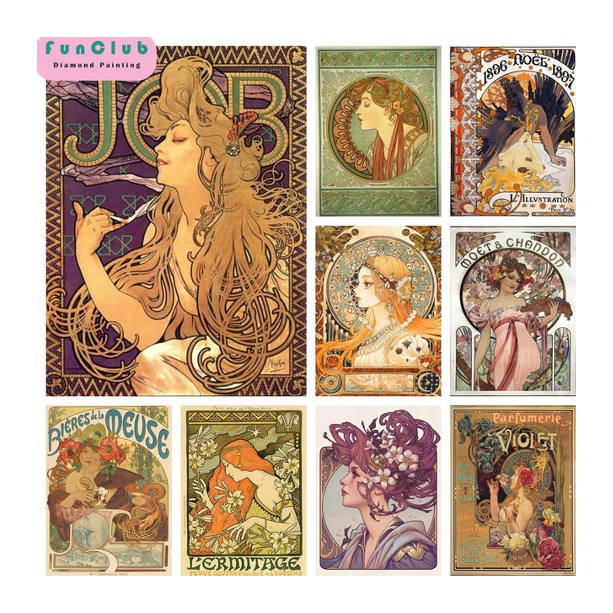 Alphonse Mucha DIY Diamantmalerei Mosaik im Jugendstil mit Strass, Multicolor, B: 40,0 cm, H: 30,0 cm - Bild 1