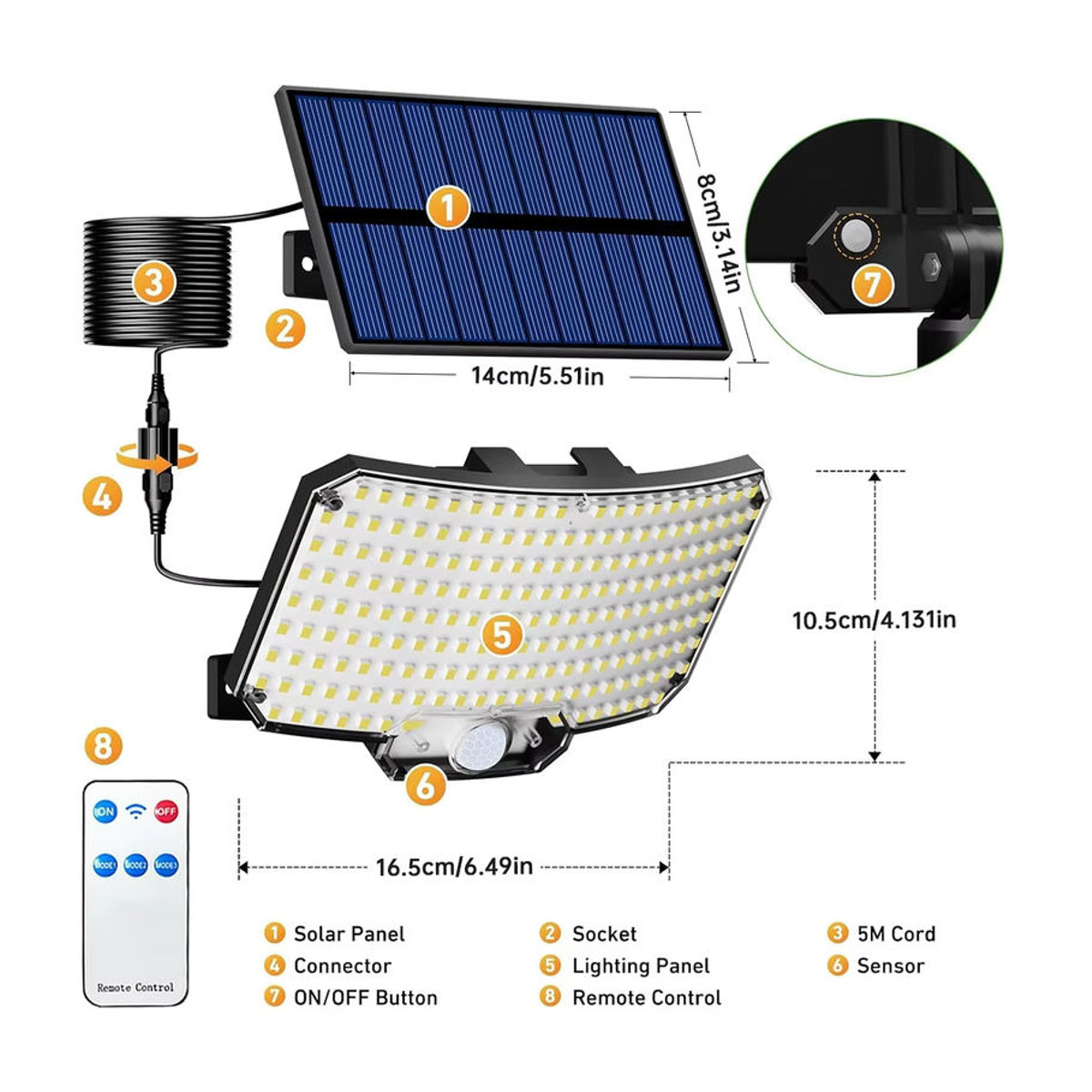 AMARYLLIS Solar-Außenstrahler mit 234 LEDs, Bewegungsmelder, 3 Modi und Fernbedienung, IP65 wasserdicht, Schwarz - Bild 2