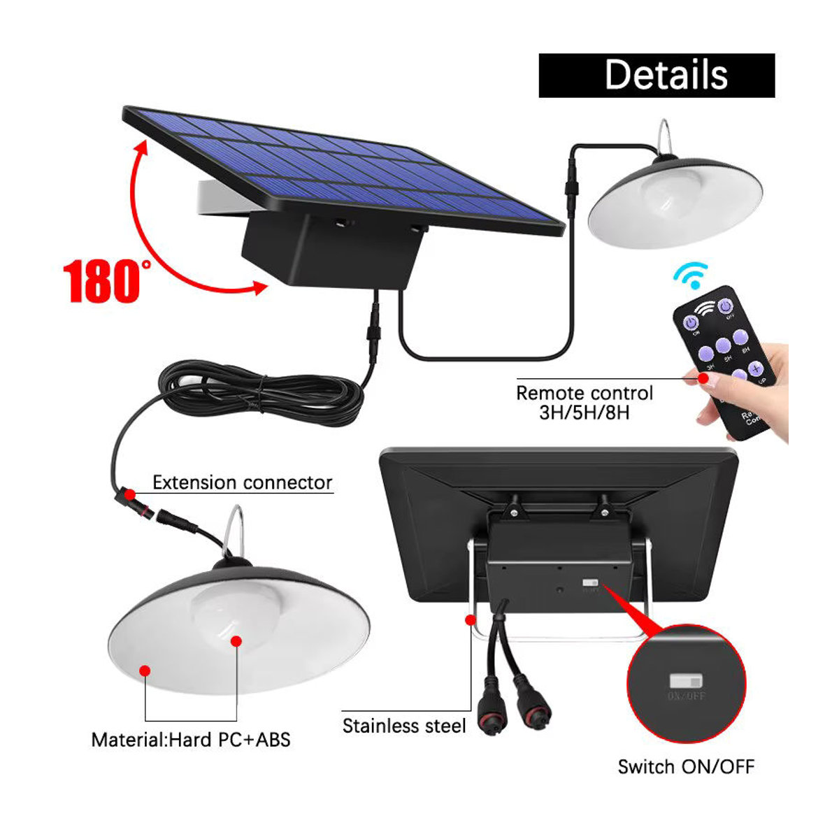 AMARYLLIS Solar-Pendelleuchte mit Doppelkopf und Fernbedienung, Schwarz, IP65 wasserdicht, Industrial Design - Bild 2