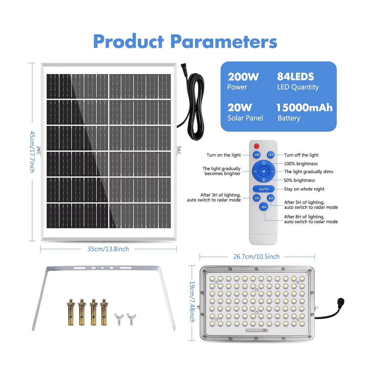 AMARYLLIS Solar-Straßenlaterne mit 200 W LED-Flutlicht, wasserdicht, 6500 K, mit Lichtsensor für Außenbereich und Parkplatzbeleuchtung - Bild 2