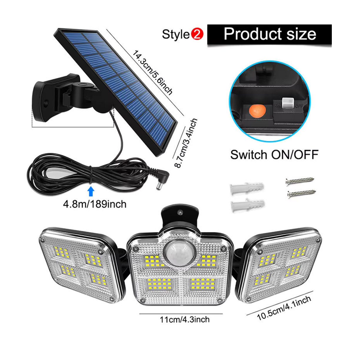 AMARYLLIS Solarleuchte 20W mit 122/333 LED, IP65 wasserdicht, Schwarz, Modernes Design für den Außenbereich mit 3 Modi und einstellbarem Weitwinkel - Bild 5