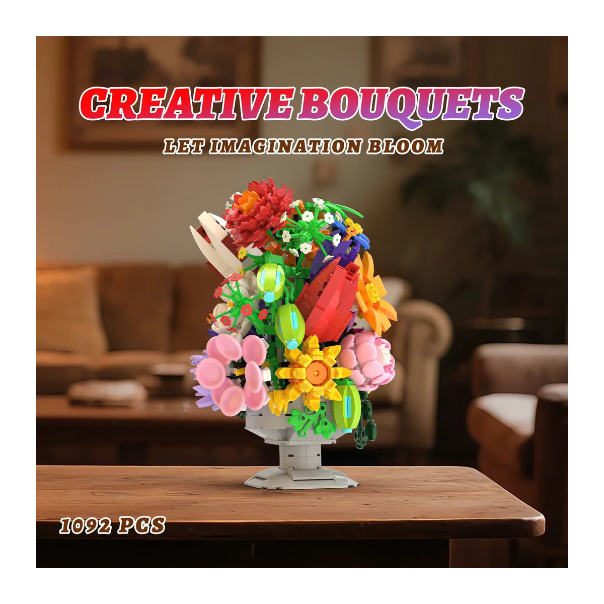 AMAZINGBLOKS DIY Bausteine Set Konservierte Blumen Bouquet Bonsai Vase als Desktop Dekoration in Multicolor, 1092 Teile - Bild 3