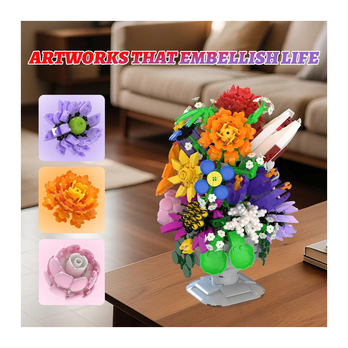 AMAZINGBLOKS DIY Bausteine Set Konservierte Blumen Bouquet Bonsai Vase als Desktop Dekoration in Multicolor, 1092 Teile - Bild 4