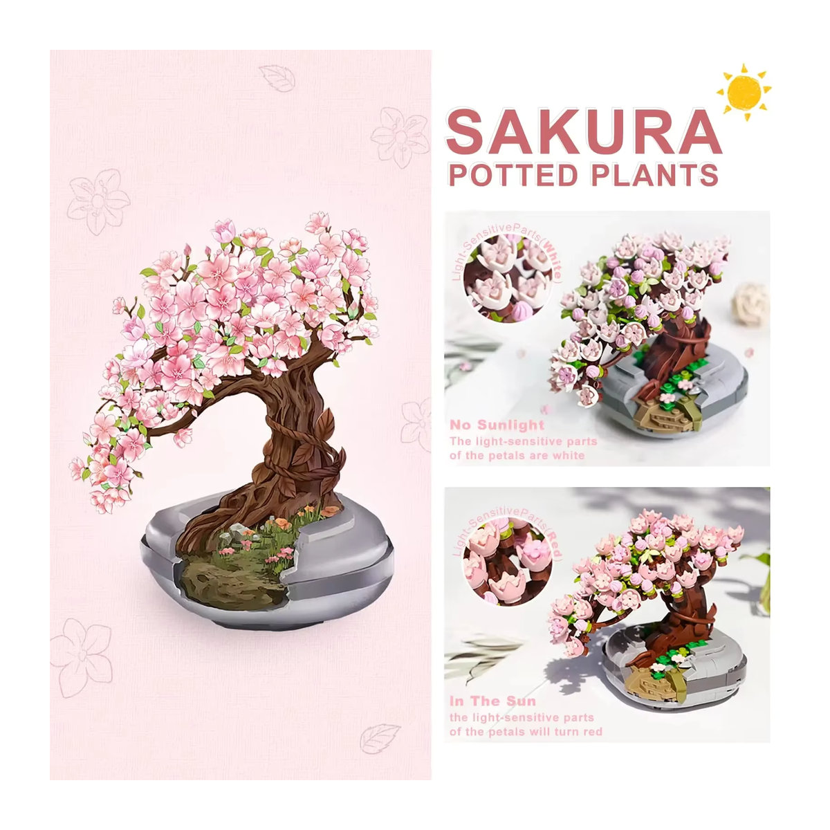 AMAZINGBLOKS Mini-Pflanzen-Bonsai-Baustein-Set Kirschblütenbaum im Topf, mehrfarbiges Blumenstrauß-Modell aus Kunststoff - Bild 4