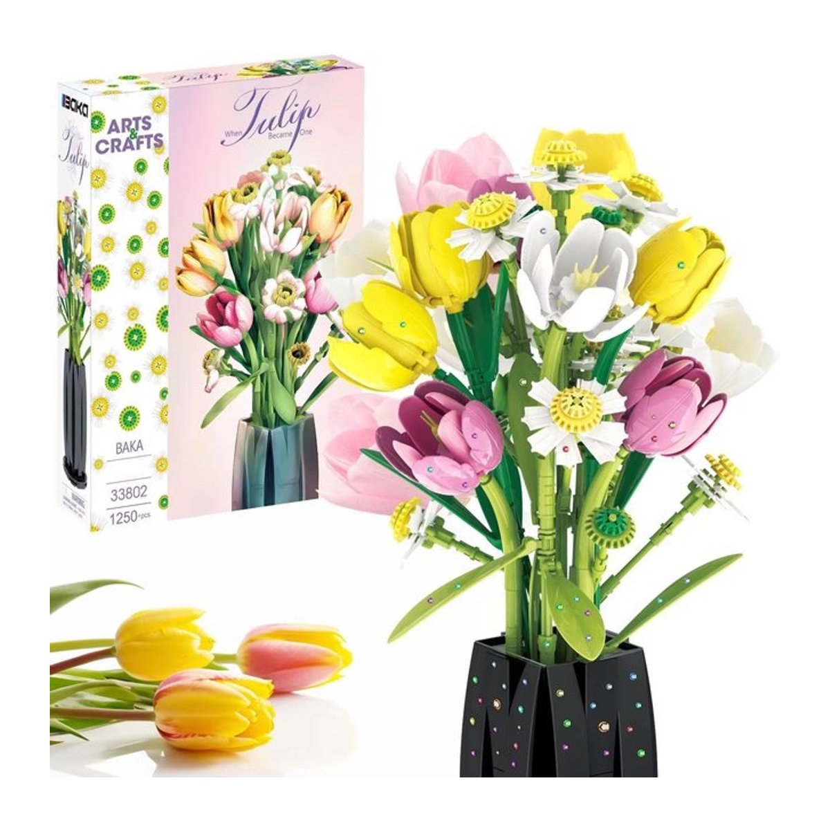 AMAZINGBLOKS Tulpenstrauß Baukasten mit Vase als DIY Blumen-Modell aus Kunststoff, mehrfarbig, 1250 Teile - Bild 1