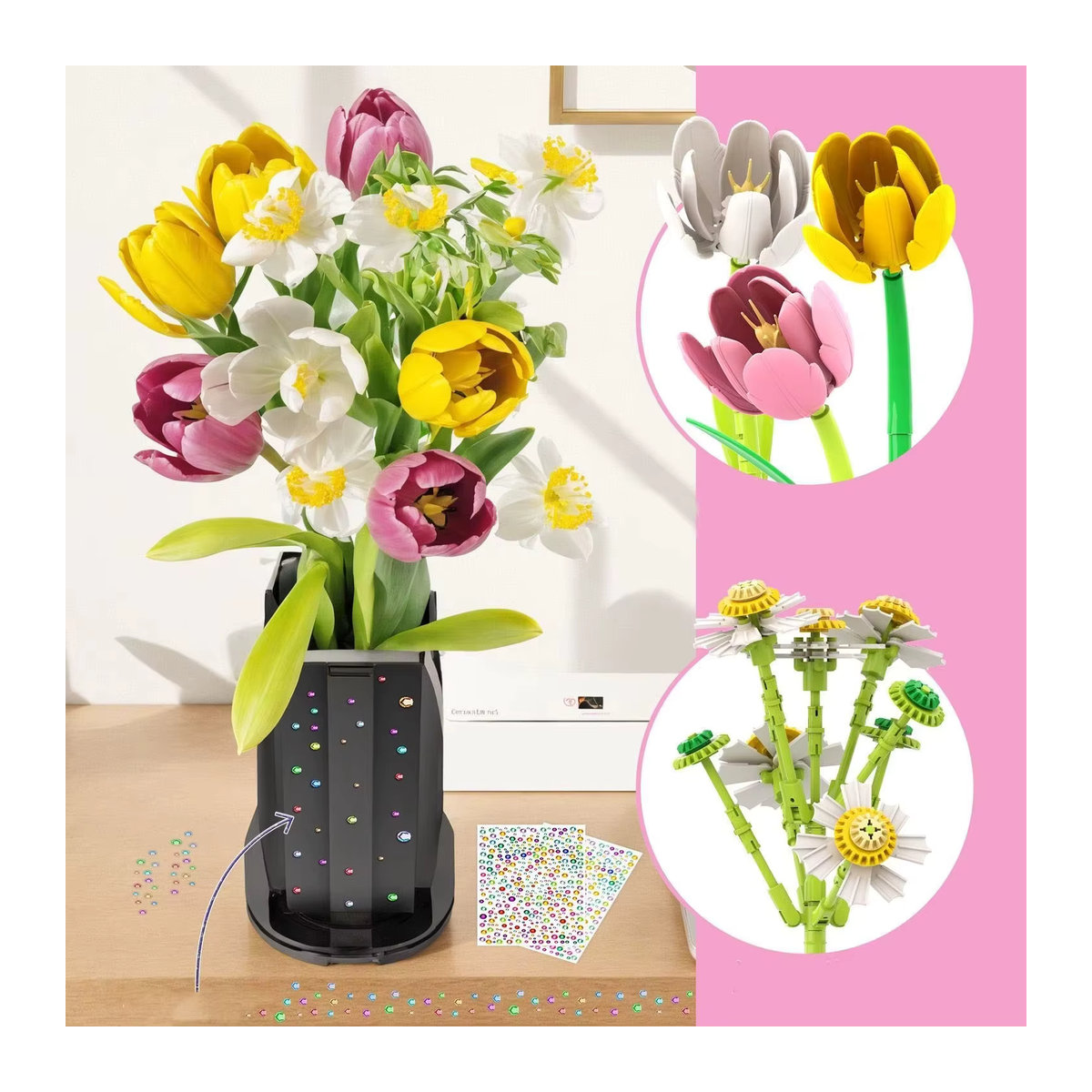 AMAZINGBLOKS Tulpenstrauß Baukasten mit Vase als DIY Blumen-Modell aus Kunststoff, mehrfarbig, 1250 Teile - Bild 2