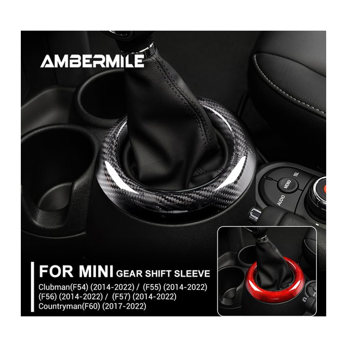 AMBERMILE Carbon Fiber Schalthebel Abdeckung für Mini F54 F55 F56 F57 F60 Countryman, Getriebe Shift Ring Innen Trim in Schwarz - Bild 1