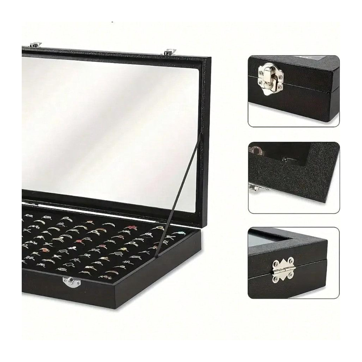 Ambiel Charm Ring-Organizer-Box aus Kunstleder mit klarem Deckel, Schmuckaufbewahrung für Ringe und Perlen, Schwarz/Bunt, B/T/H: 24,0 x 35,0 x 4,5 cm - Bild 2