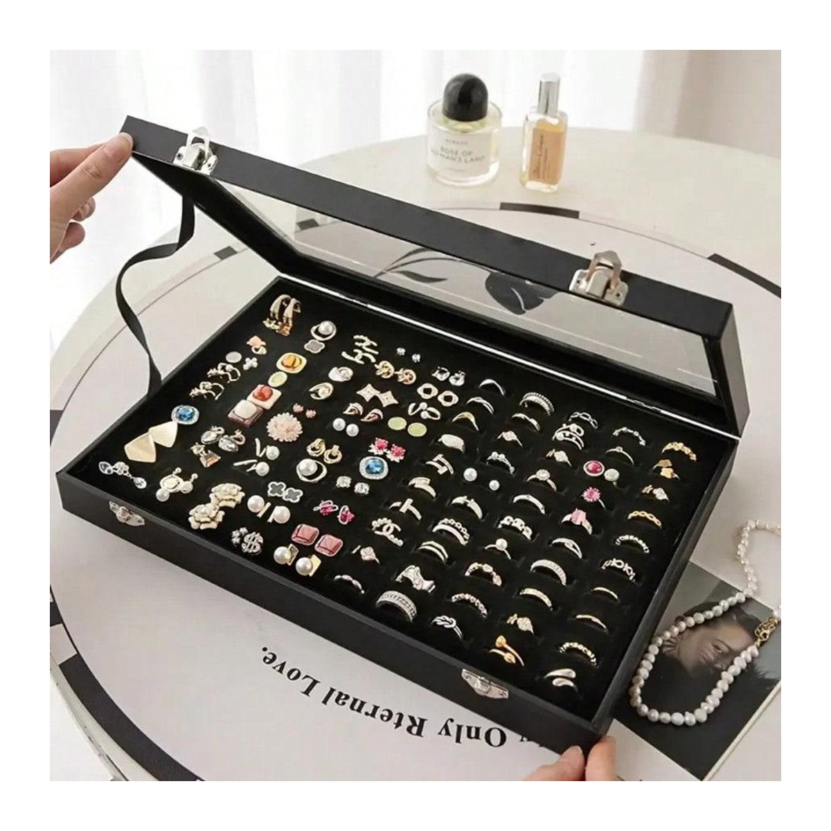 Ambiel Charm Ring-Organizer-Box aus Kunstleder mit klarem Deckel, Schmuckaufbewahrung für Ringe und Perlen, Schwarz/Bunt, B/T/H: 24,0 x 35,0 x 4,5 cm - Bild 3