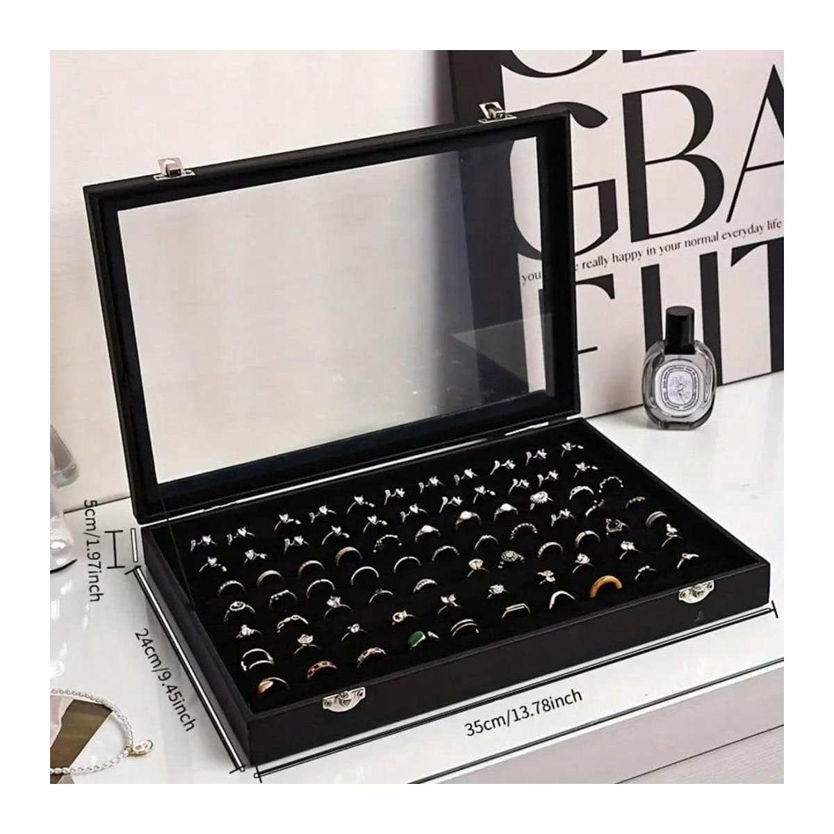 Ambiel Charm Ring-Organizer-Box aus Kunstleder mit klarem Deckel, Schmuckaufbewahrung für Ringe und Perlen, Schwarz/Bunt, B/T/H: 24,0 x 35,0 x 4,5 cm - Bild 5