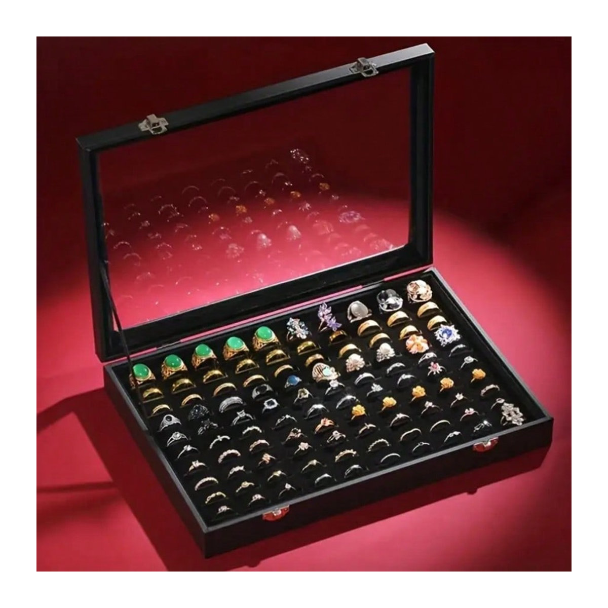 Ambiel Charm Ring-Organizer-Box aus Kunstleder mit klarem Deckel, Schmuckaufbewahrung für Ringe und Perlen, Schwarz/Bunt, B/T/H: 24,0 x 35,0 x 4,5 cm - Bild 6