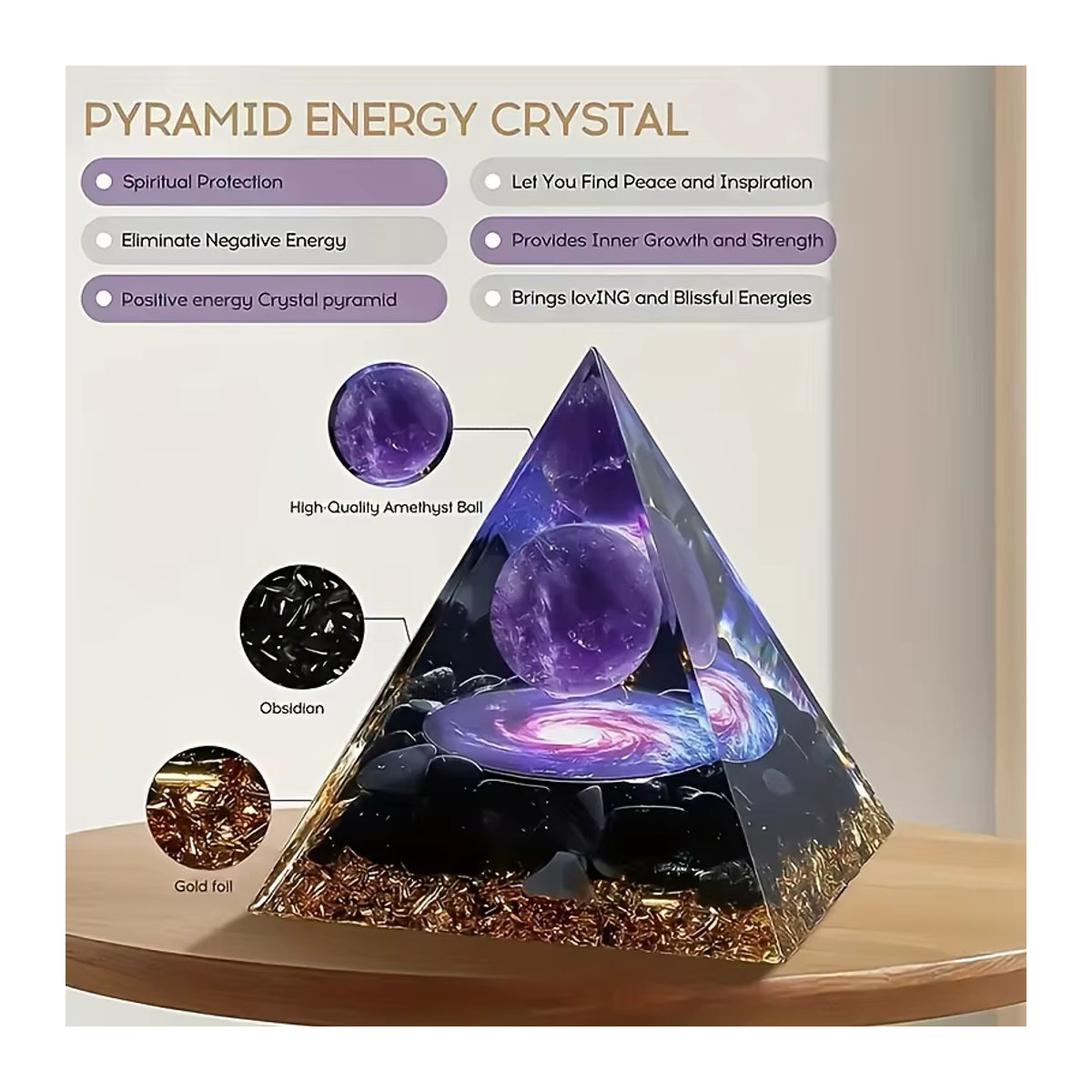 Amethyst Kristallkugel-Pyramide und Rohstein als violette Heimdekoration - Bild 3