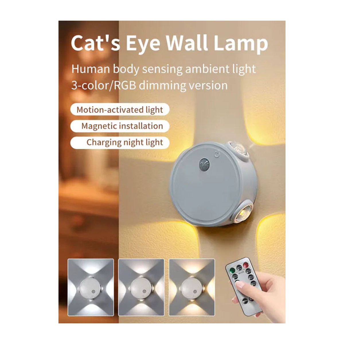 Ammtoo Wiederaufladbare LED Wandlampe mit Bewegungssensor und 4 LEDs als RGB Ambientebeleuchtung in Weiß, Grau oder Bunt für Schlafzimmer, Treppen und Flur - Bild 6