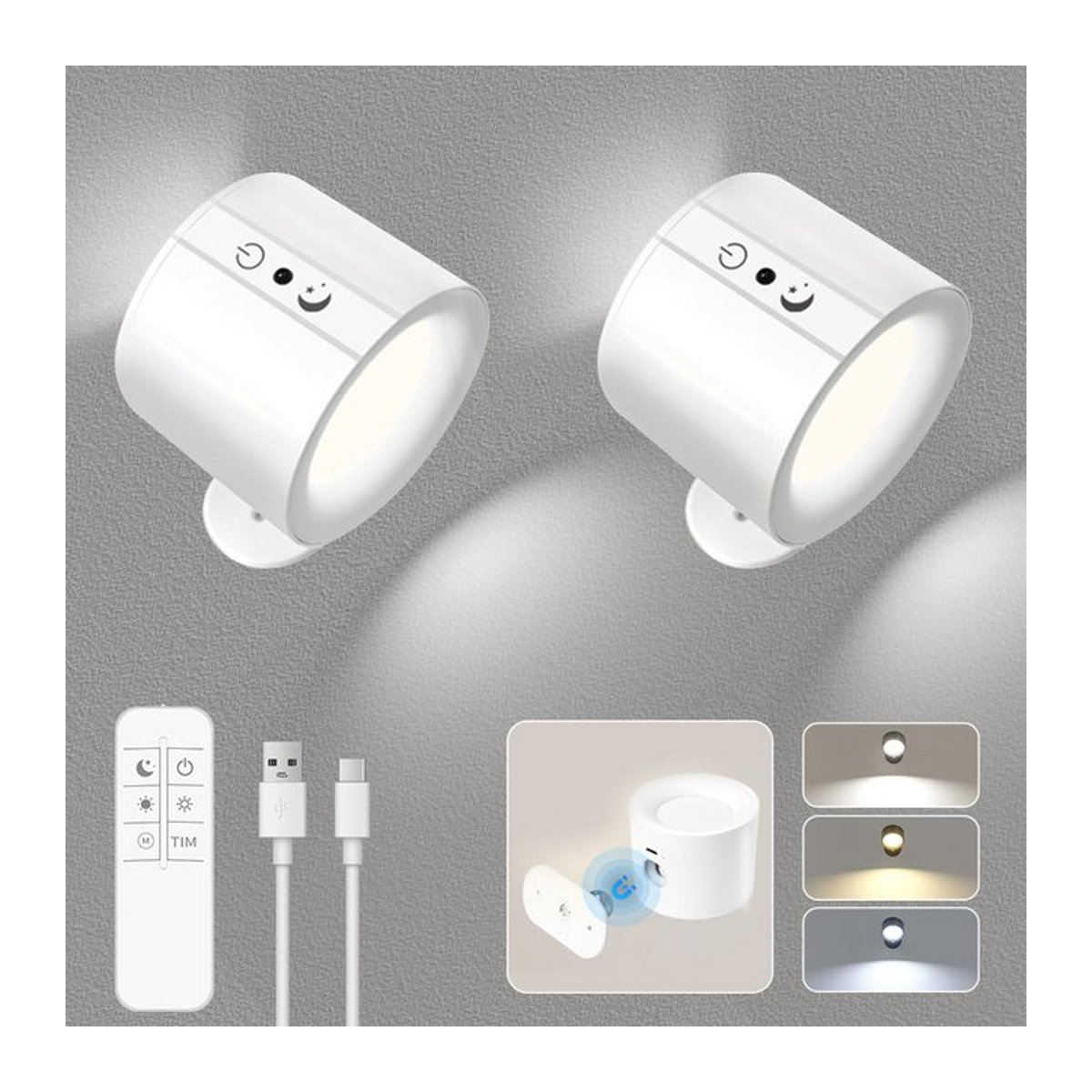 Ammtoo Wiederaufladbare LED-Wandleuchte in Weiß mit 3 Farben, 360 Grad drehbar und Touch-Fernbedienung, minimalistisches Design für Schlafzimmer und Wohnzimmer - Bild 1