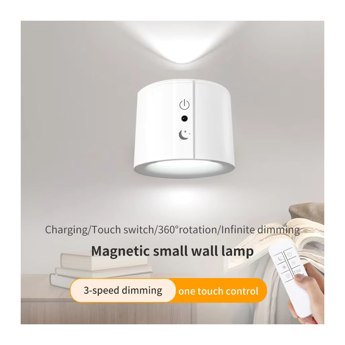 Ammtoo Wiederaufladbare LED-Wandleuchte in Weiß mit 3 Farben, 360 Grad drehbar und Touch-Fernbedienung, minimalistisches Design für Schlafzimmer und Wohnzimmer - Bild 2